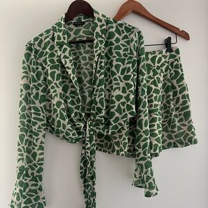 Dynamite Green and White Patterned Blouse and Shorts Set